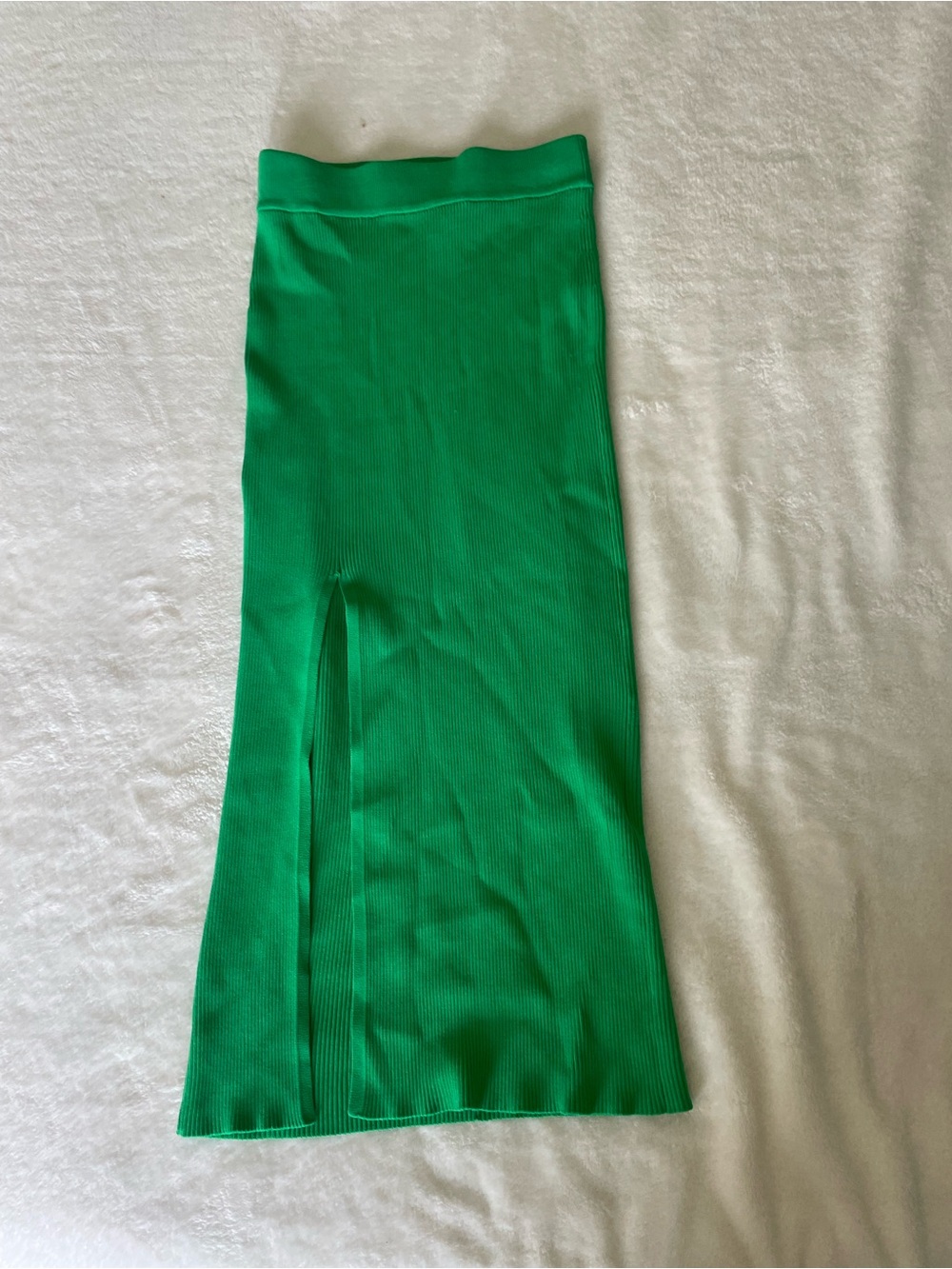 Zara Bright Green Ribbed Maxi Skirt with Front Slit